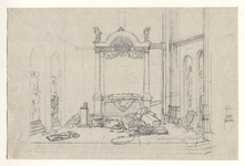 32446 Afbeelding van de vernielde graftombe van de gravin van Solms in de kapel van Zoudenbalch in de Domkerk te ...